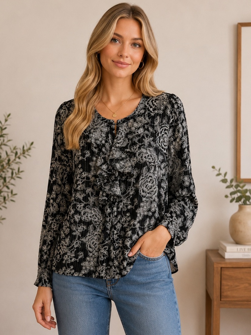 LOFT Black Floral Ruffle-Front Blouse M